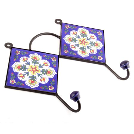 Navy Blue And White Floral CeramicTiles Hooks